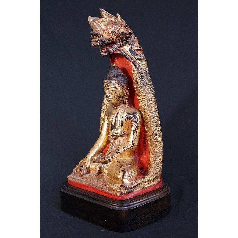 Material: lacquerware
60 cm high 
32 cm wide / 27 cm deep
Weight: 5.9 kgs
On Naga snake
Shan (Tai Yai) style
Bhumisparsha mudra
Originating from Burma
18th century
Gilt with 24 krt. gold leaf

