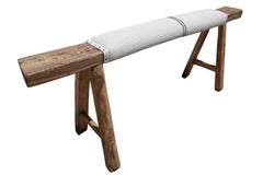 Antique Shandong Elm Bench w/ Berber Natural & Black Kilim Wool