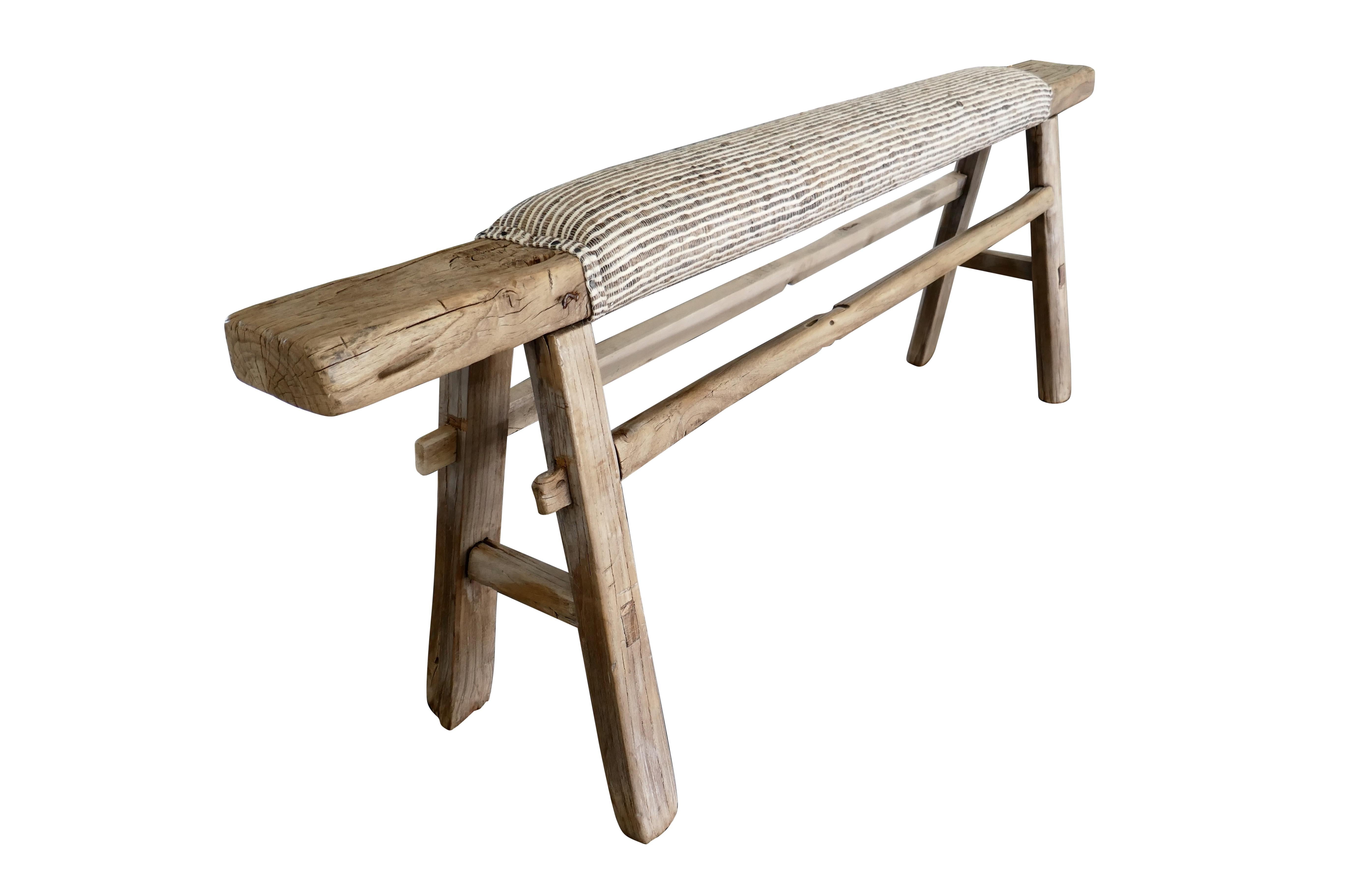 Chinese Antique Shandong Elm Bench w/ Rustic Italian Woven Raw Silk