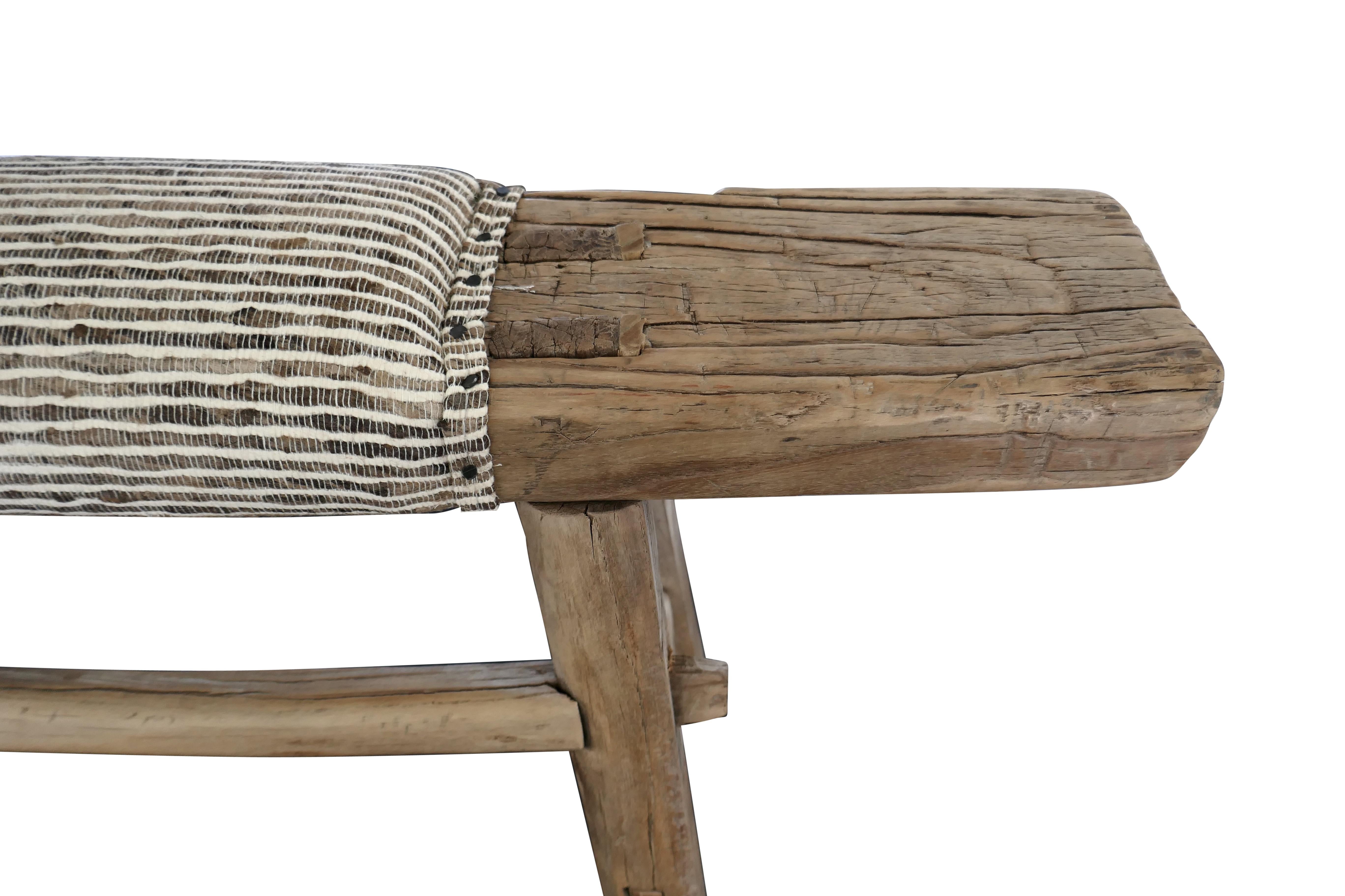 Hand-Carved Antique Shandong Elm Bench w/ Rustic Italian Woven Raw Silk