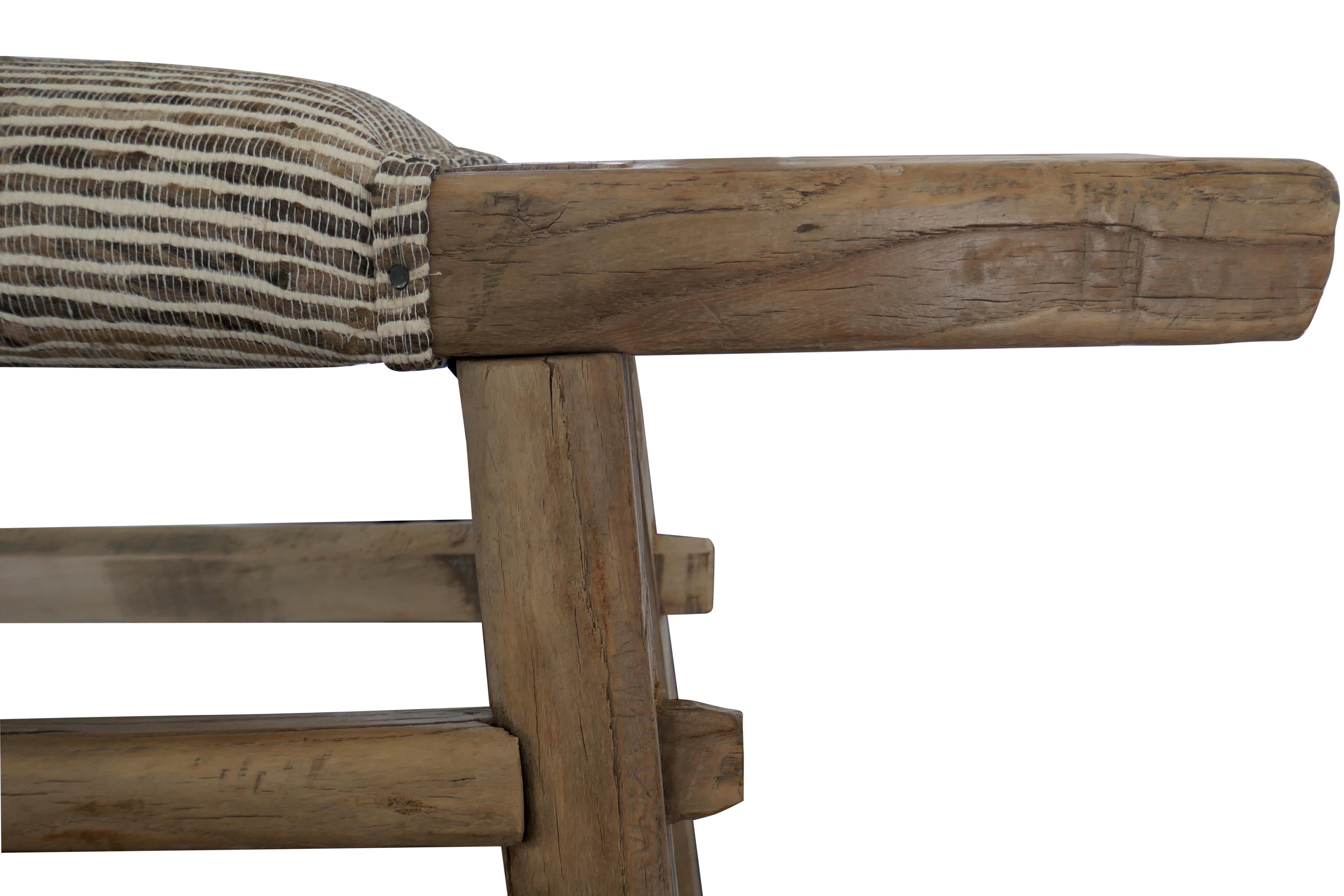 Antique Shandong Elm Bench w/ Rustic Italian Woven Raw Silk In Distressed Condition In thousand oaks, CA