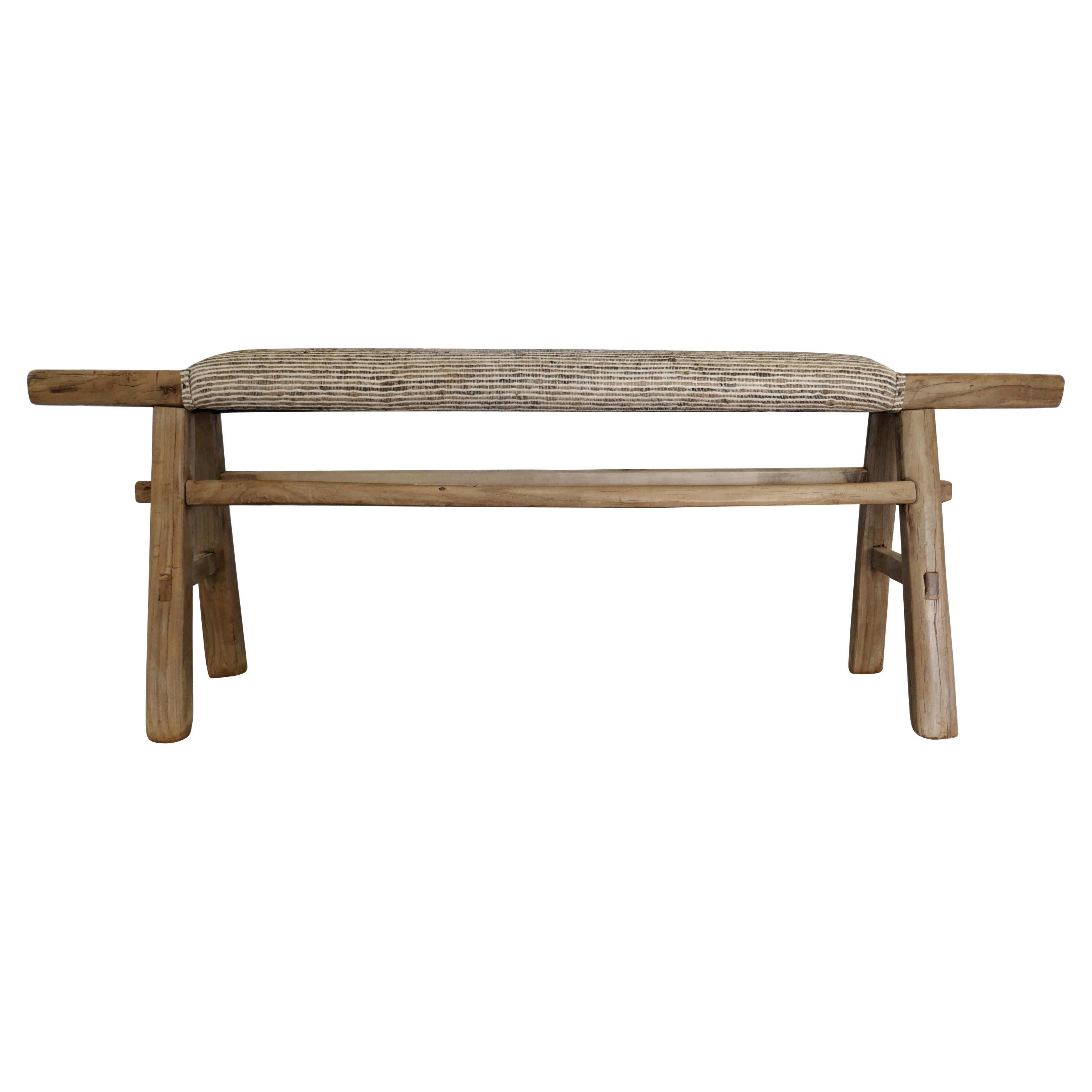 Antique Shandong Elm Bench w/ Rustic Italian Woven Raw Silk