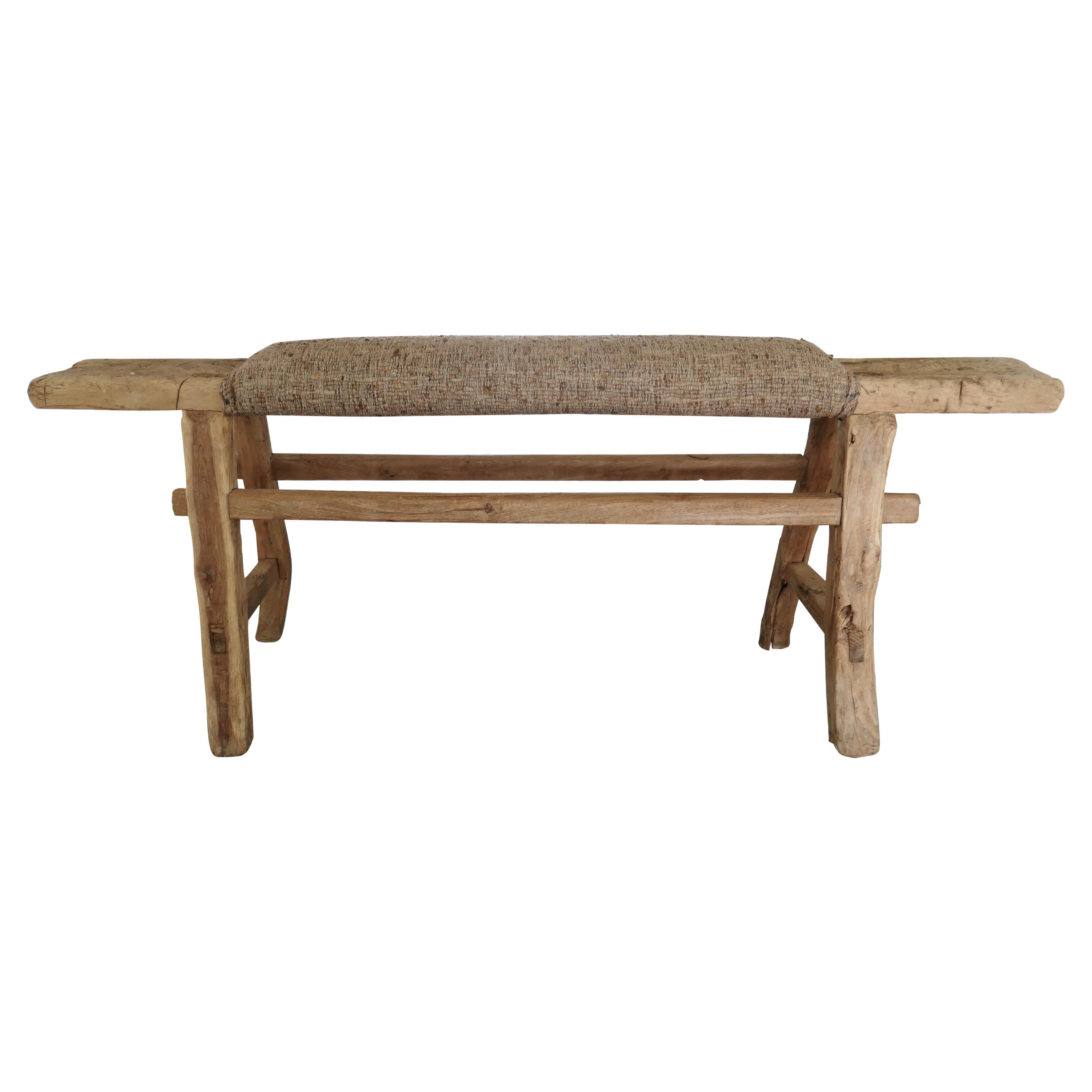 Antique Shandong Elm Bench w/ Rustic Italian Woven Raw Silk For Sale