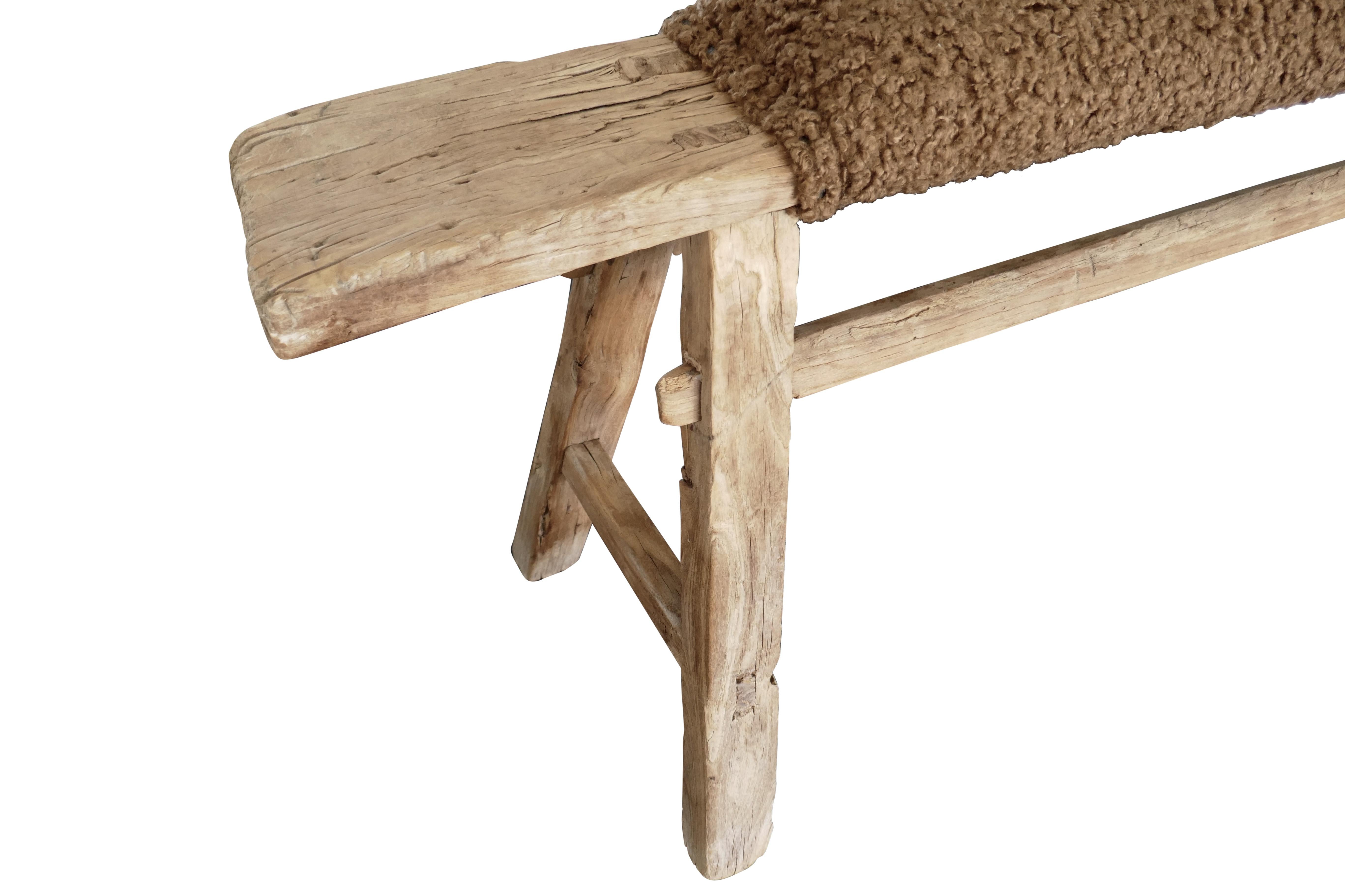 Chinese Antique Shandong Elm Bench w/ Ultra-Luxe Shearling Textile