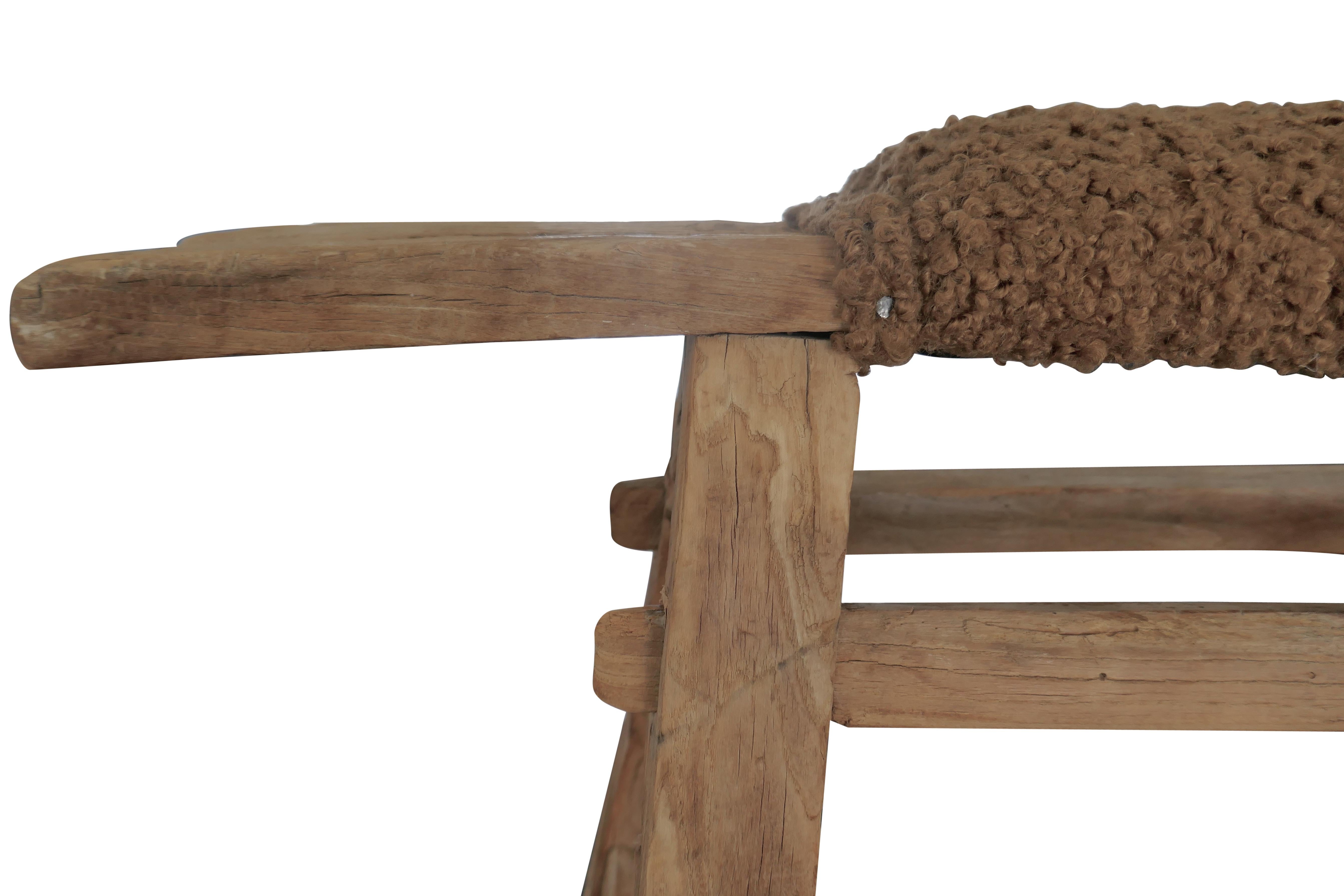 Hand-Carved Antique Shandong Elm Bench w/ Ultra-Luxe Shearling Textile