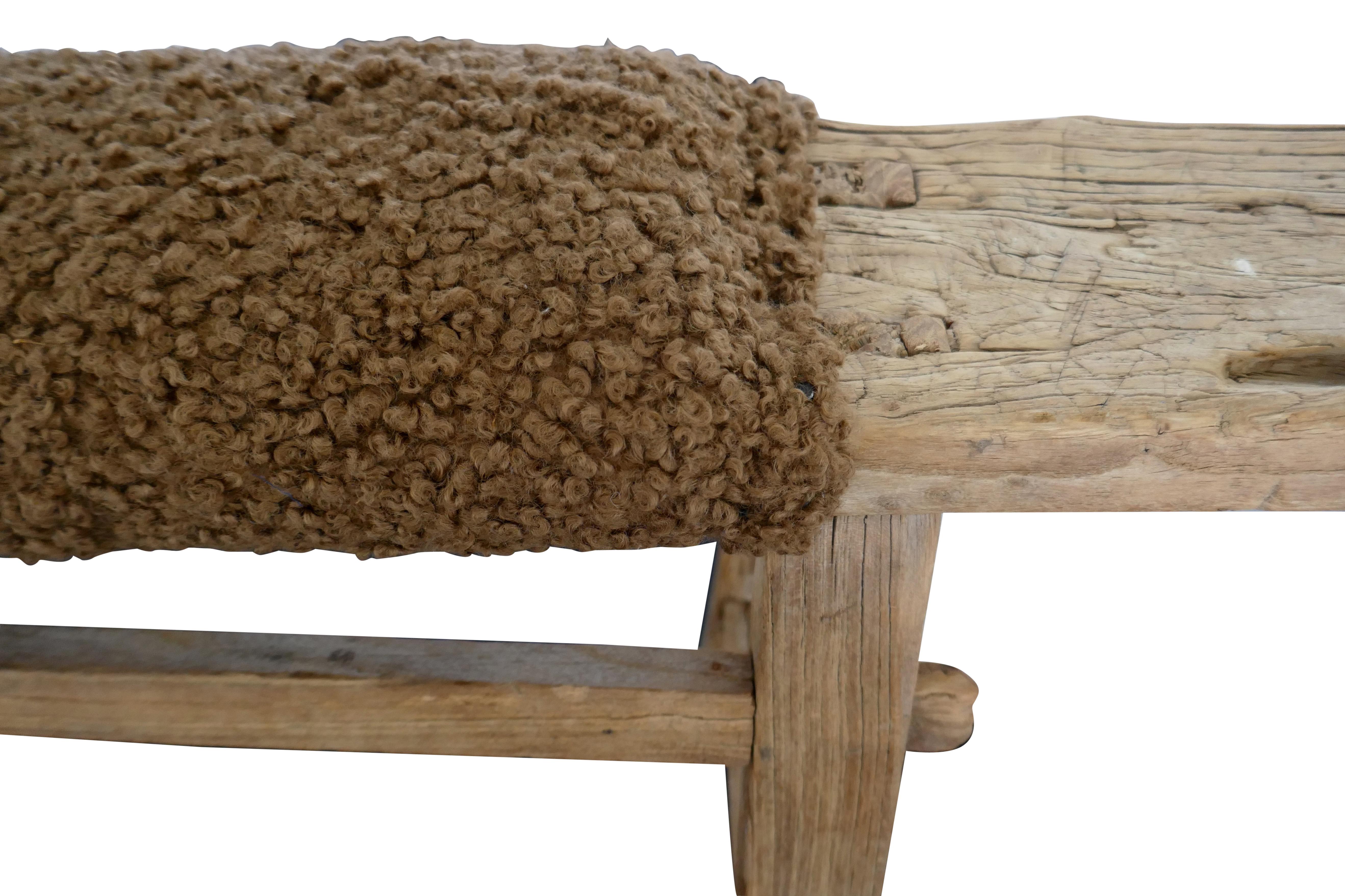 Antique Shandong Elm Bench w/ Ultra-Luxe Shearling Textile In Distressed Condition In thousand oaks, CA