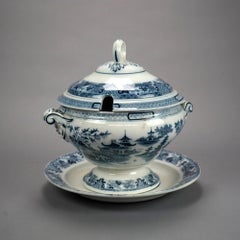 Antique Shanghai Flow Blue Porcelain China Soup Tureen & Liner, Circa 1870
