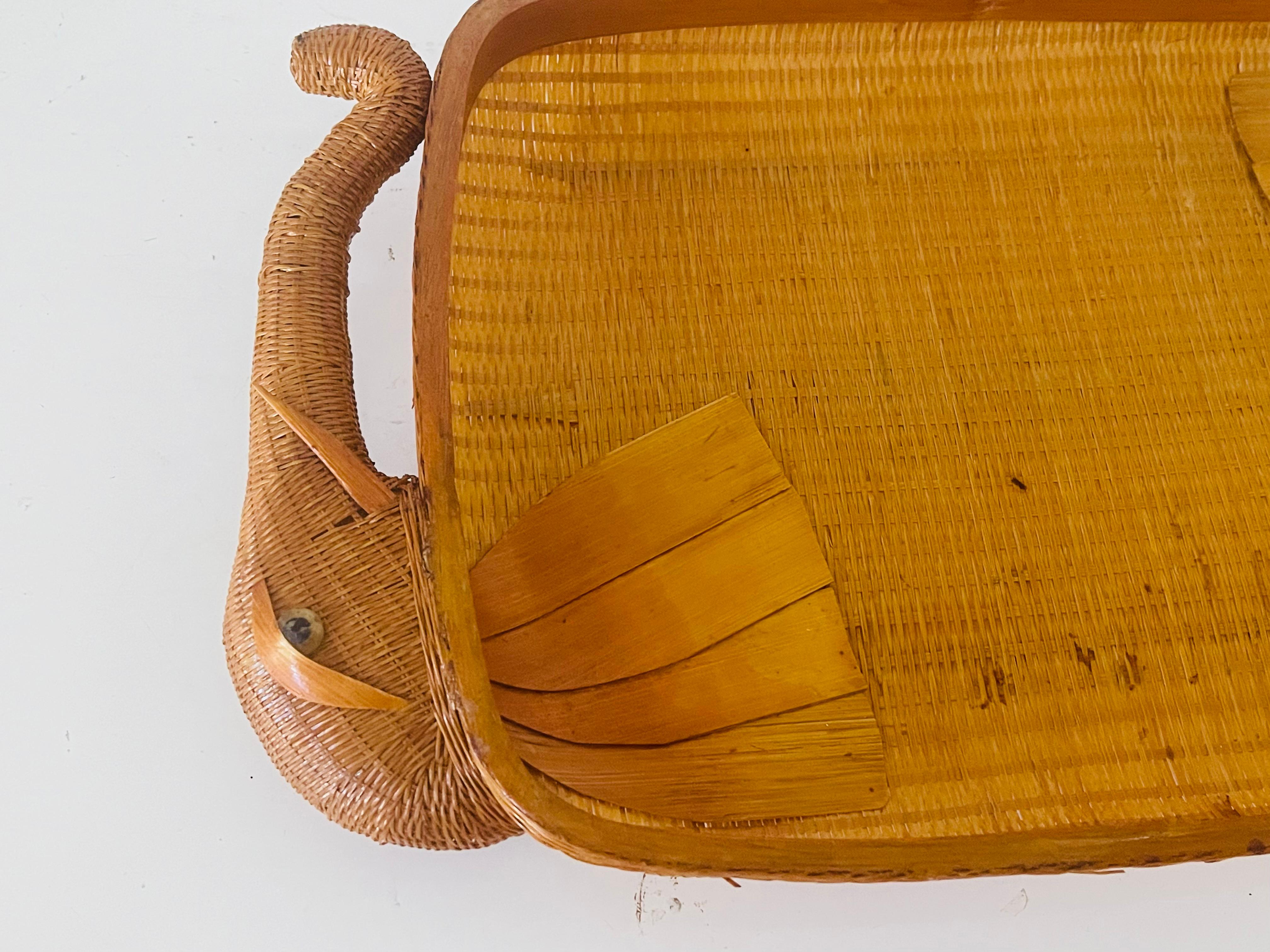 Organic Modern Antique Shanghai Wicker Tray with Elephant Head Handles For Sale
