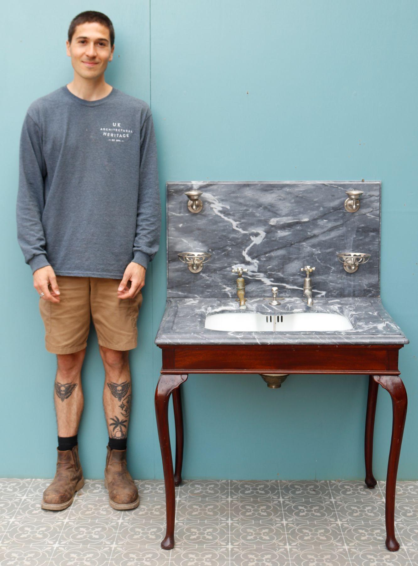 Antique Shanks and Co marble basin with Mahogany Stand.

Dove grey marble wash stand with under mounted porcelain plunger basin. Mahogany stand with cabriole legs and nickel plated fittings.

Additional Dimensions

Height to top of counter 76