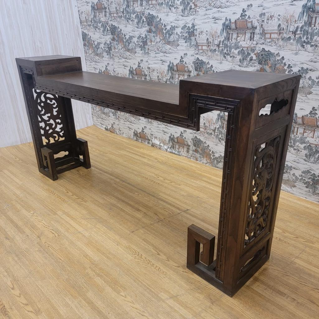 Early 20th Century Antique Shanxi Province Elm Carved Side Altar Table with Turned Legs