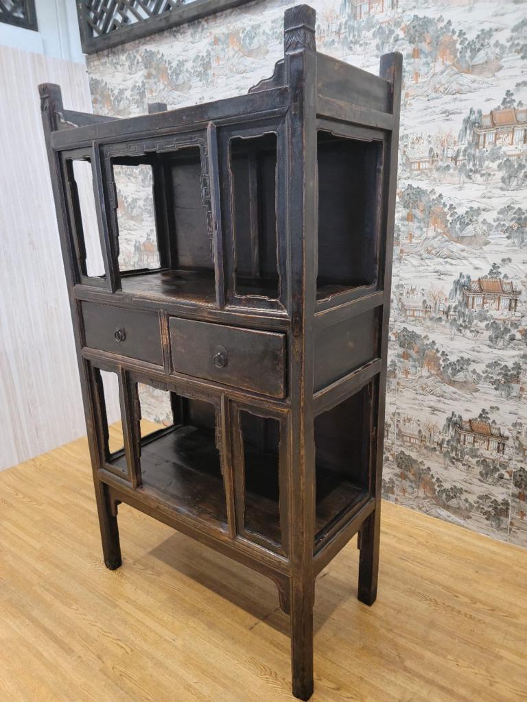 Antique Shanxi Province Brown Black Lacquered Elmwood Bookcase For Sale 4