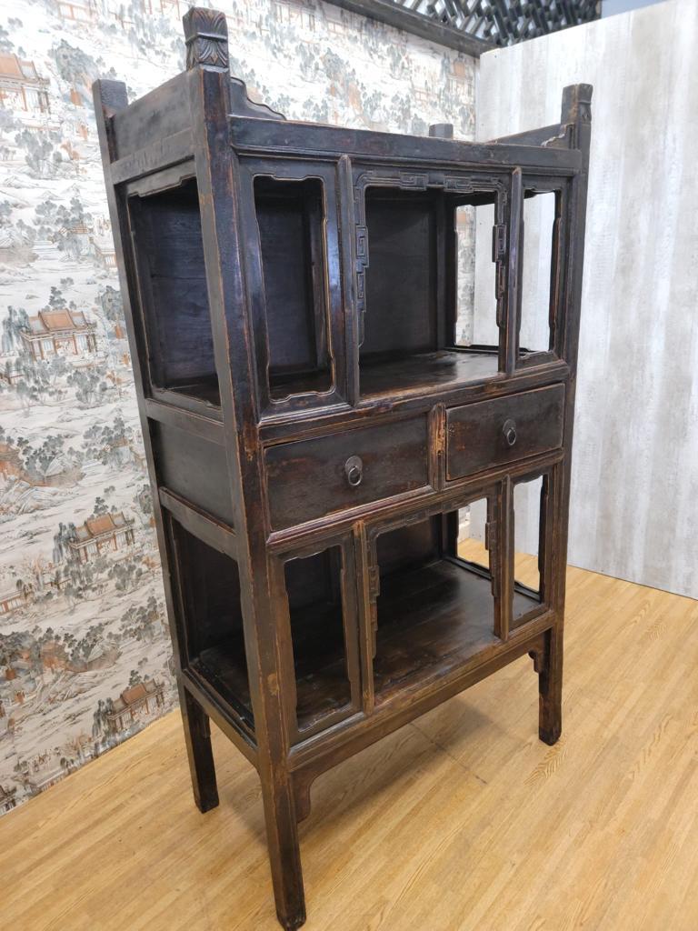Antique Shanxi Province Brown Black Lacquered Elmwood Bookcase For Sale 6