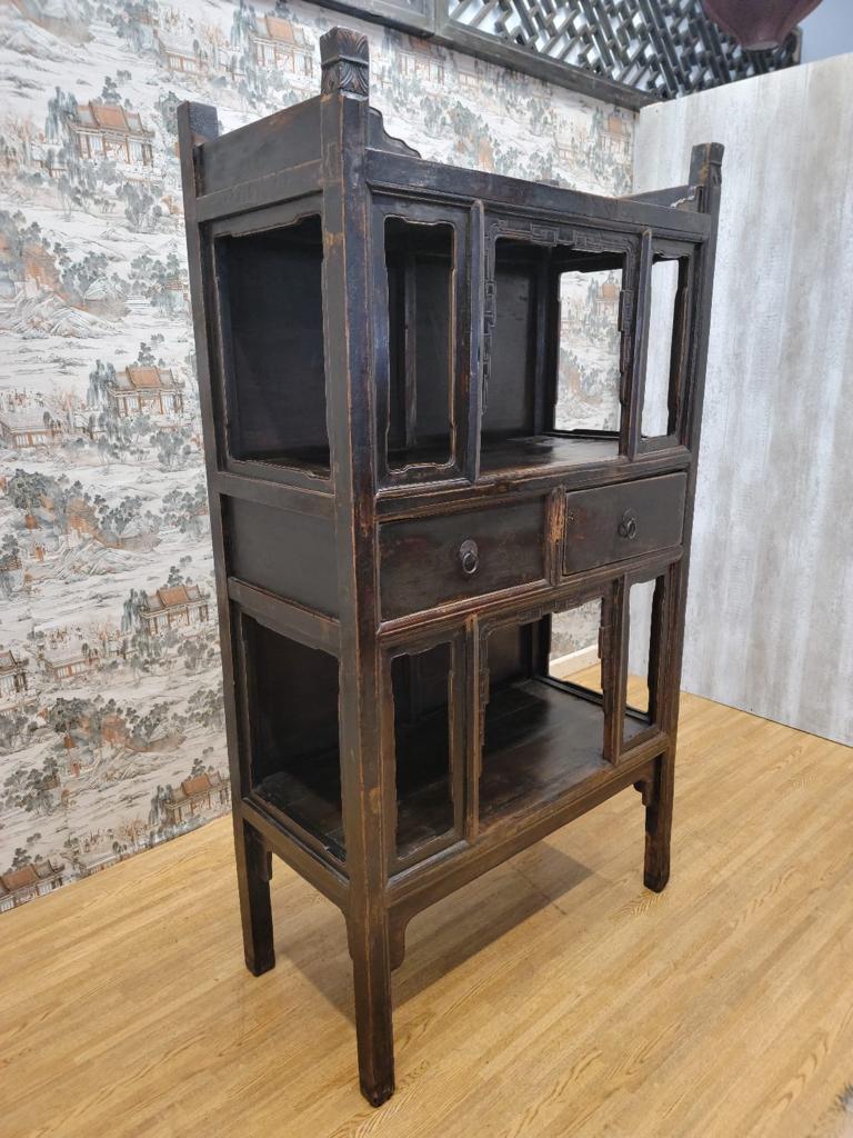 Chinese Antique Shanxi Province Brown Black Lacquered Elmwood Bookcase For Sale