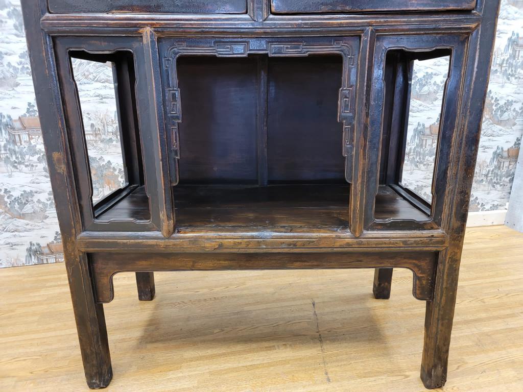 Hand-Crafted Antique Shanxi Province Brown Black Lacquered Elmwood Bookcase For Sale