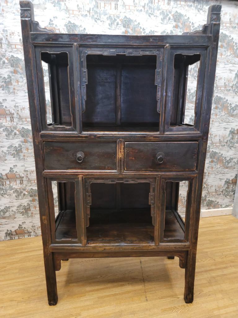 Antique Shanxi Province Brown Black Lacquered Elmwood Bookcase For Sale 2
