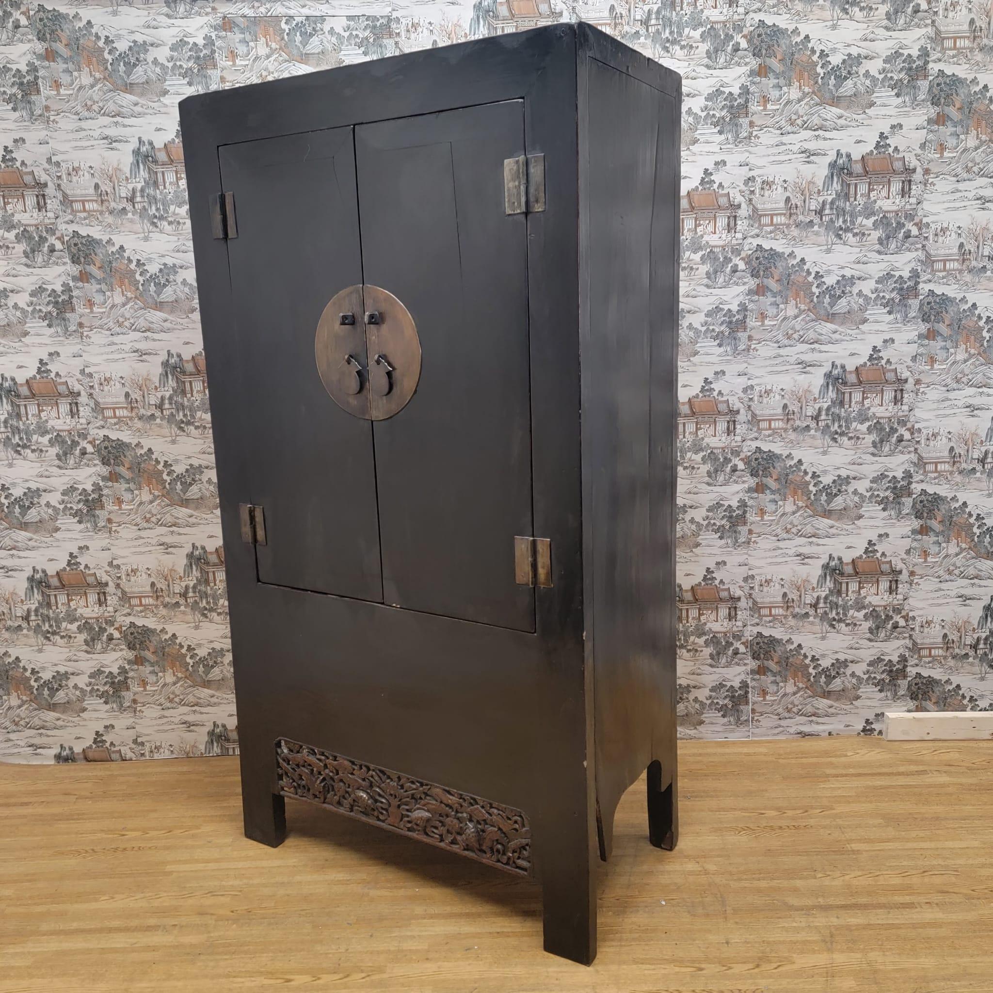 Chinese Export Antique Shanxi Province Elm Cabinet with Hand Carved Arpon For Sale
