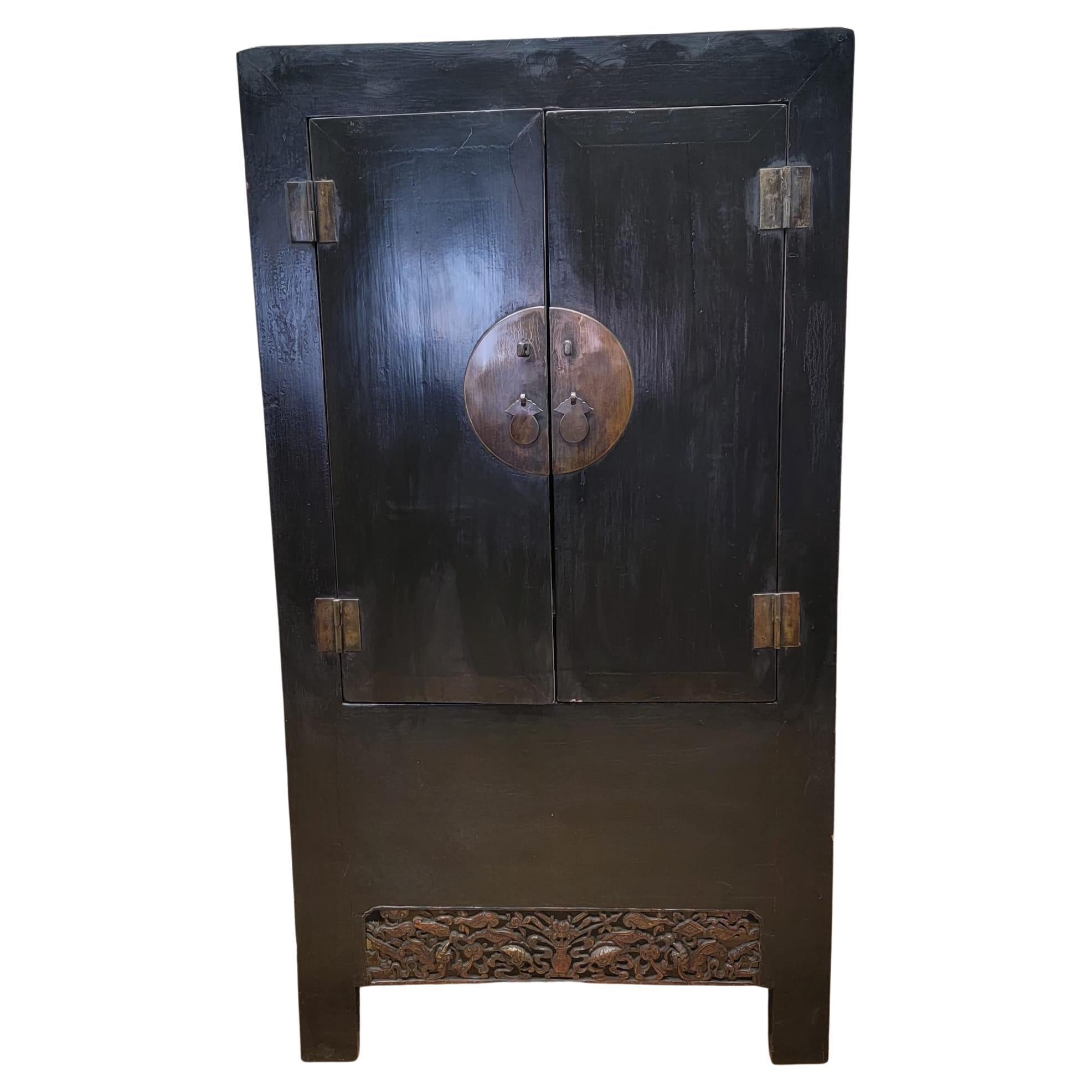 Antique Shanxi Province Elm Cabinet with Hand Carved Arpon For Sale