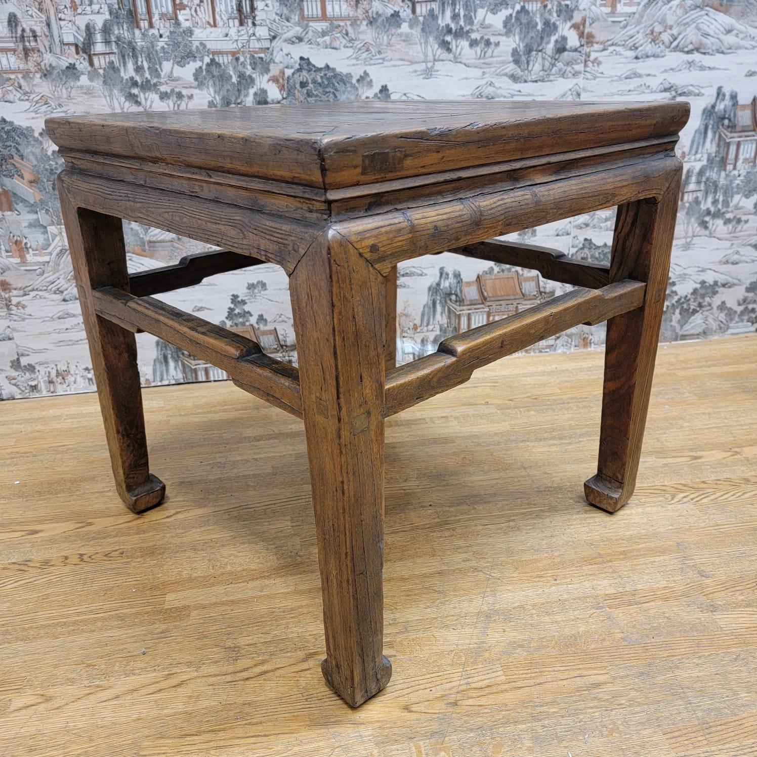 Hand-Crafted Antique Shanxi Province Elm Natural Patina Square Side Table For Sale