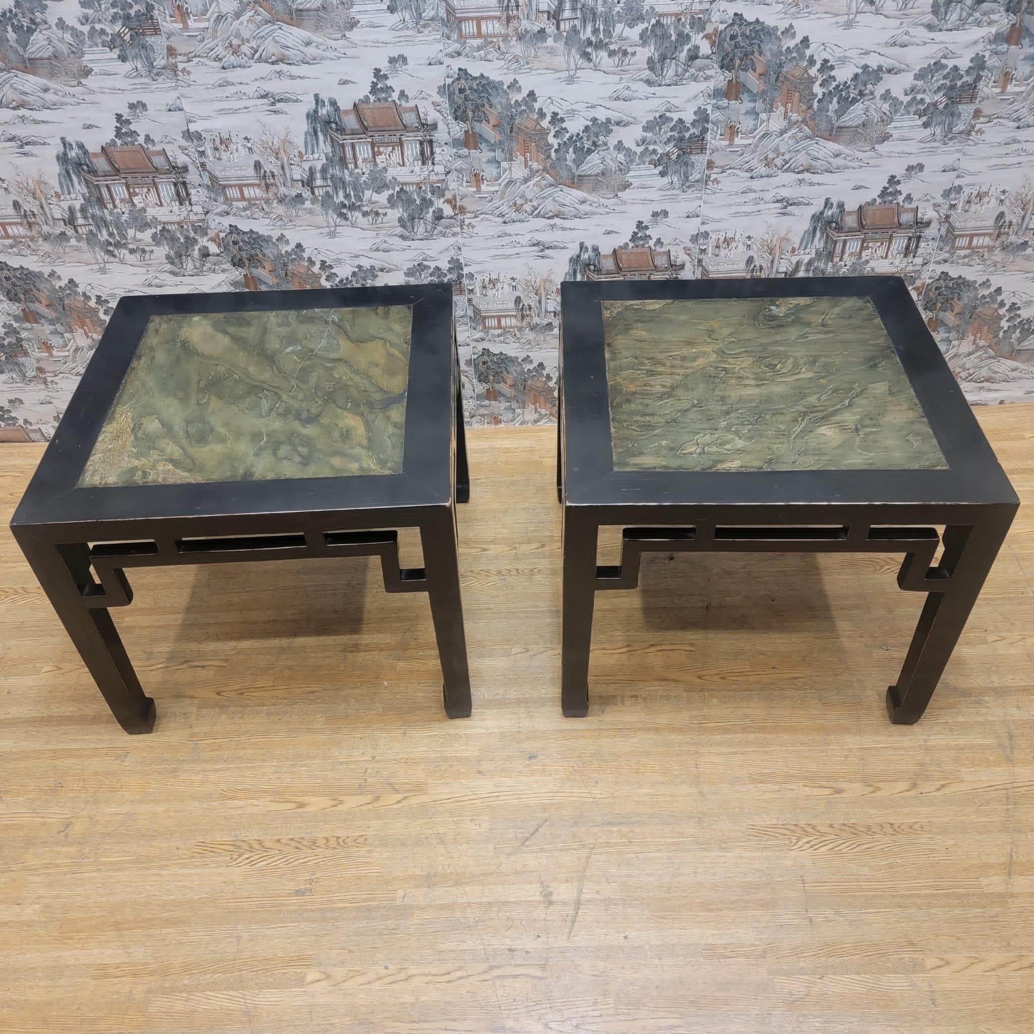 Hand-Carved Antique Shanxi Province Elm Stone Insert Side Table, Pair