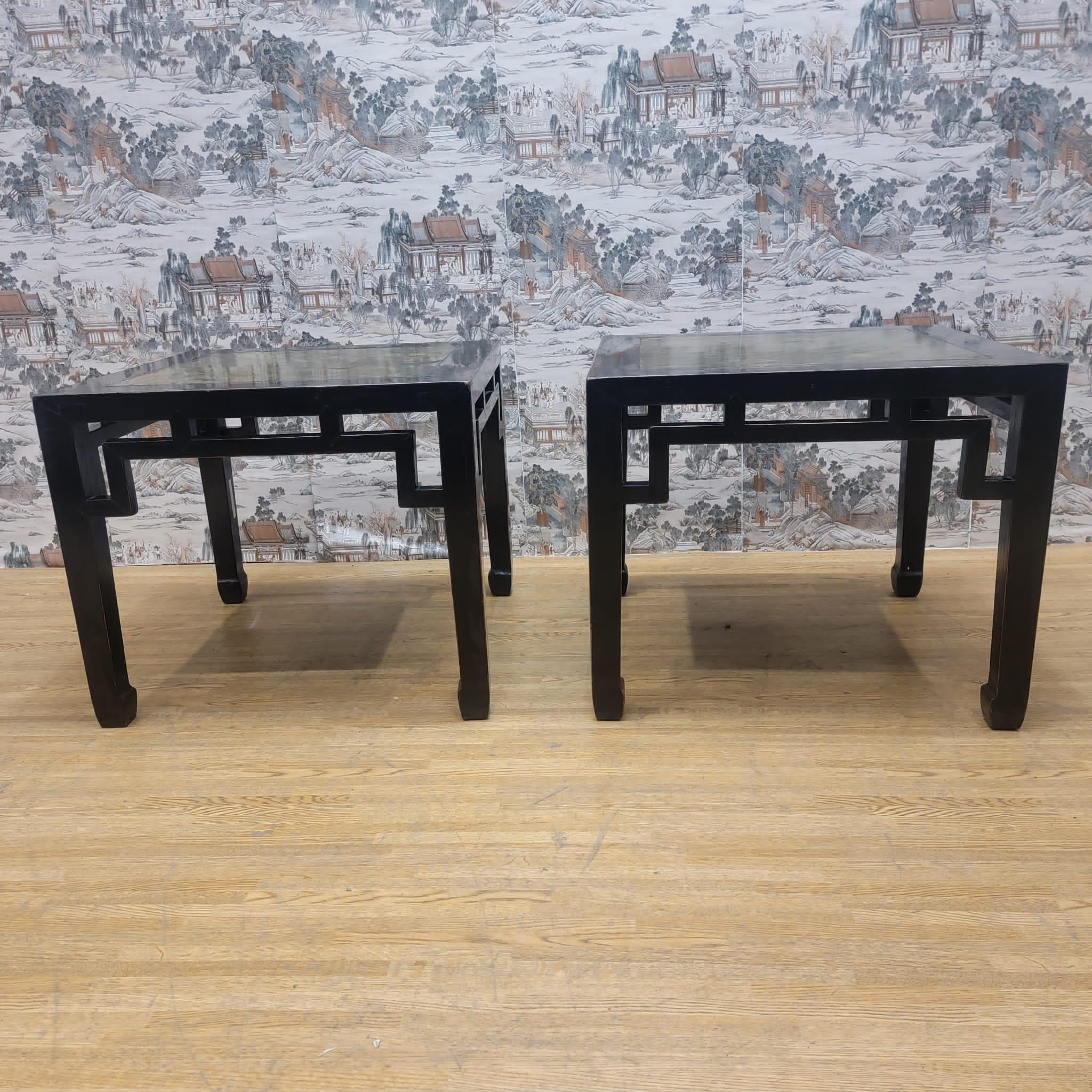 Antique Shanxi Province Elm Stone Insert Side Table, Pair In Good Condition In Chicago, IL
