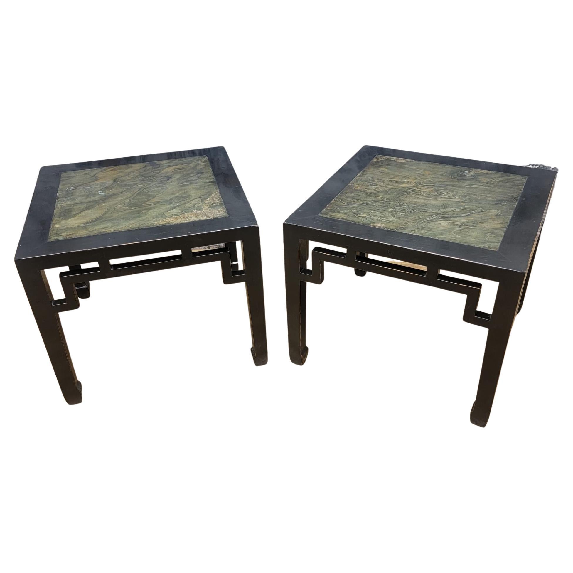 Antique Shanxi Province Elm Stone Insert Side Table, Pair