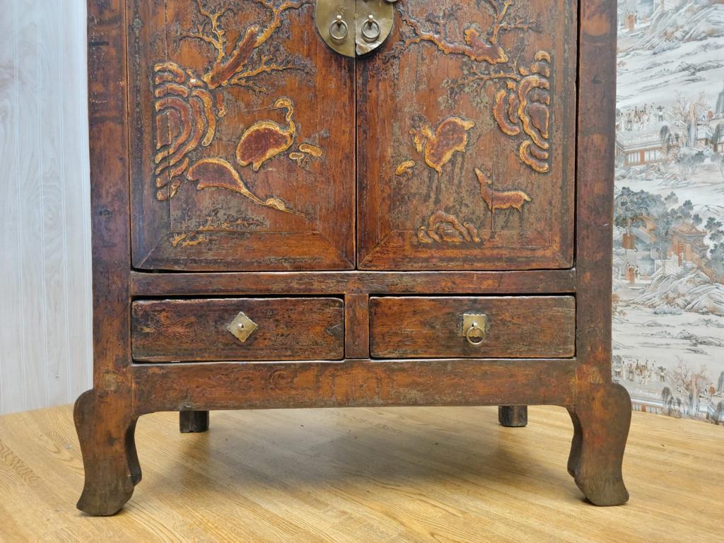 Chinese Export Antique Shanxi Province Elmwood Lacquered Cabinet with Painting on Doors For Sale