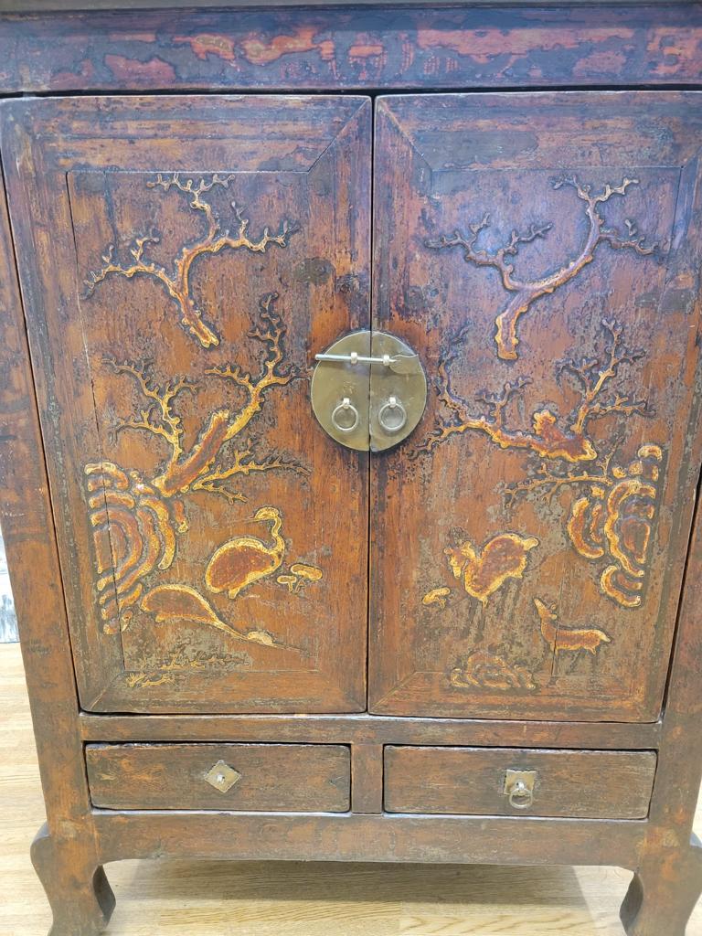Chinese Antique Shanxi Province Elmwood Lacquered Cabinet with Painting on Doors For Sale