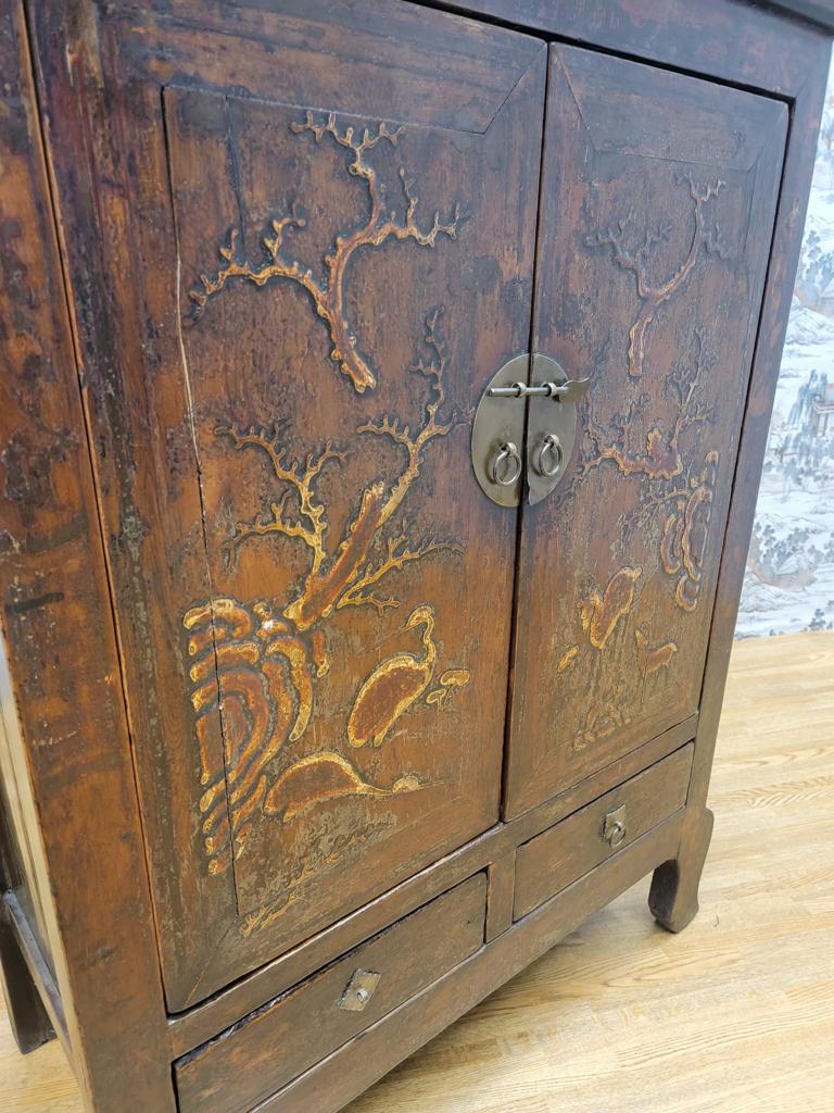 Hand-Crafted Antique Shanxi Province Elmwood Lacquered Cabinet with Painting on Doors For Sale