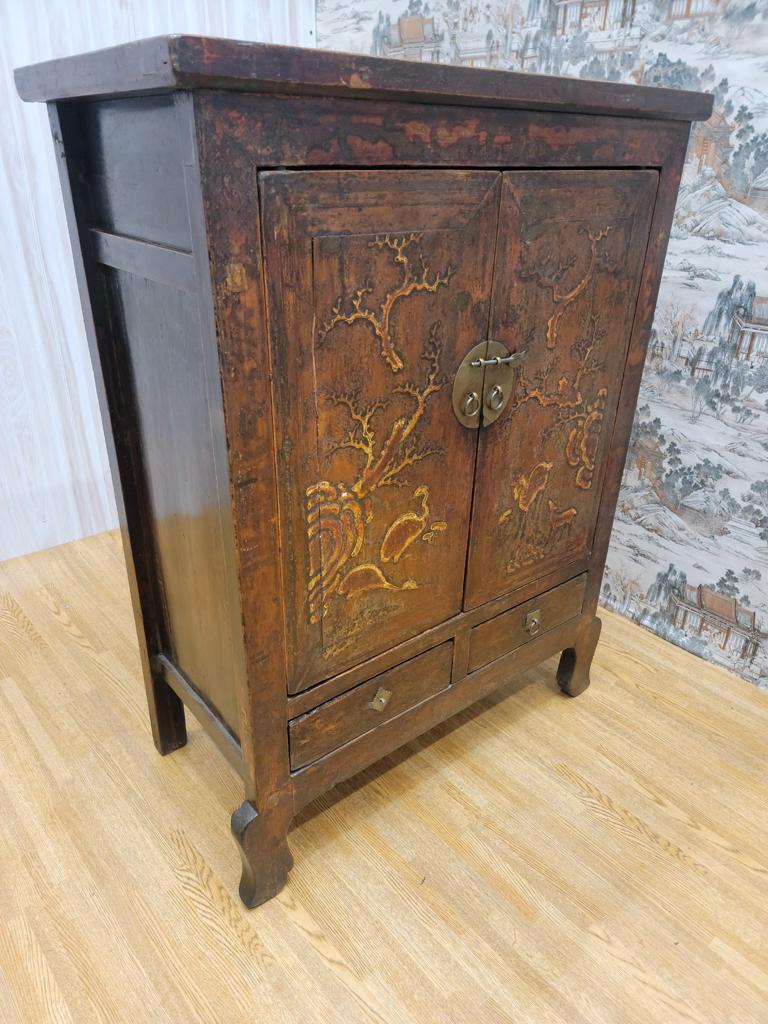 Late 19th Century Antique Shanxi Province Elmwood Lacquered Cabinet with Painting on Doors For Sale