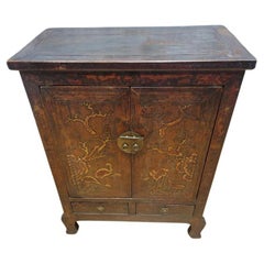 Antique Shanxi Province Elmwood Lacquered Cabinet with Painting on Doors