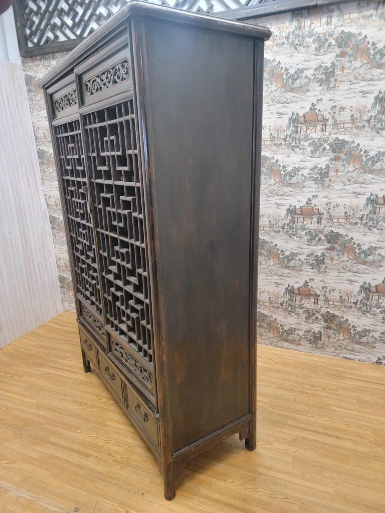 Antique Shanxi Province Elmwood Lattice Carved Door Panel Cabinet For Sale 5