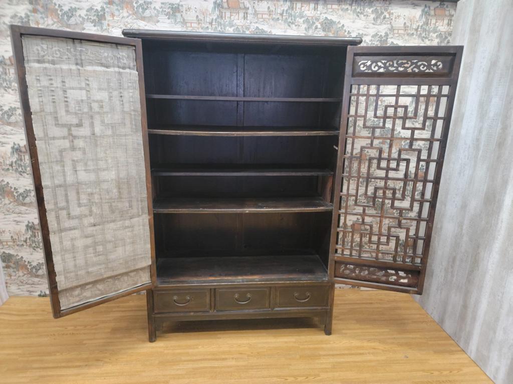 Antique Shanxi Province Elmwood Lattice Carved Door Panel Cabinet For Sale 6