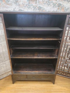 Antique Shanxi Province Elmwood Lattice Carved Door Panel Cabinet