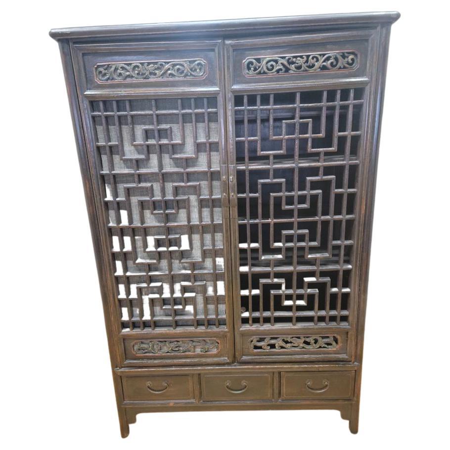 Antique Shanxi Province Elmwood Lattice Carved Door Panel Cabinet For Sale