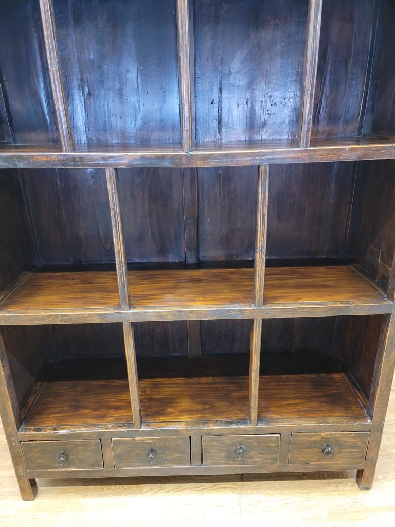 Chinese Export Antique Shanxi Province Elmwood Open Shelf Display Bookcase with Original Brown  For Sale