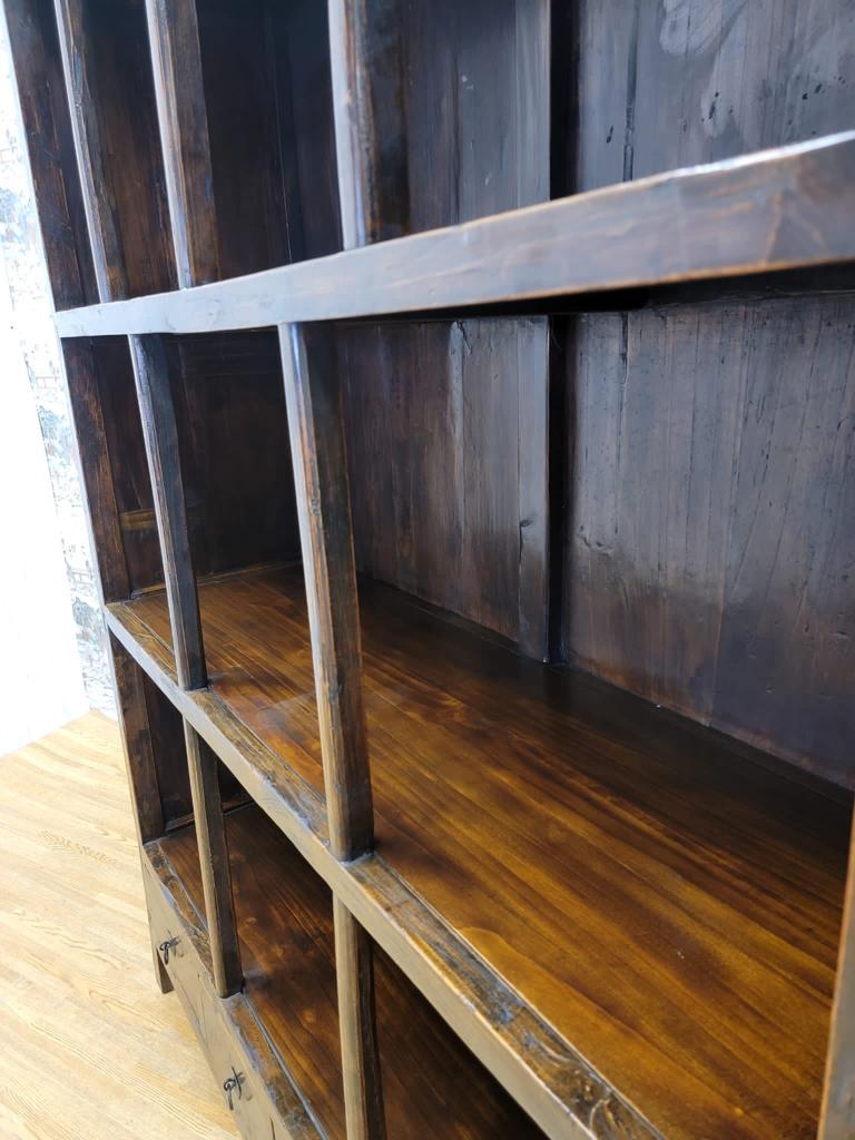 Hand-Crafted Antique Shanxi Province Elmwood Open Shelf Display Bookcase with Original Brown  For Sale