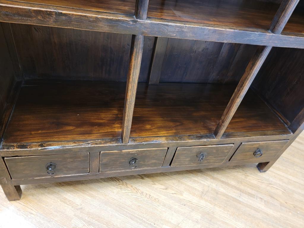 Antique Shanxi Province Elmwood Open Shelf Display Bookcase with Original Brown  In Good Condition For Sale In Chicago, IL