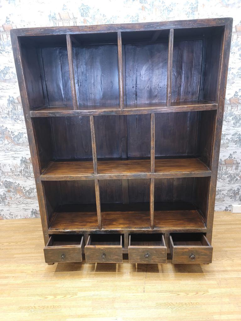 Antique Shanxi Province Elmwood Open Shelf Display Bookcase with Original Brown  For Sale 1