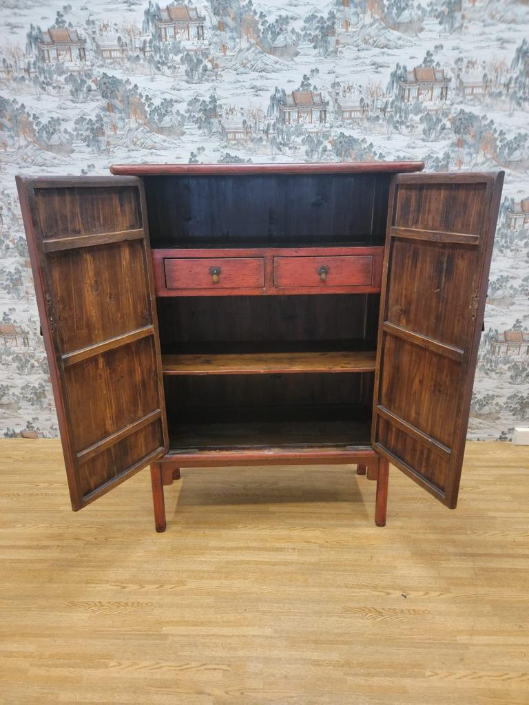 Chinese Export Antique Shanxi Province Elmwood Red Lacquer Cabinet For Sale