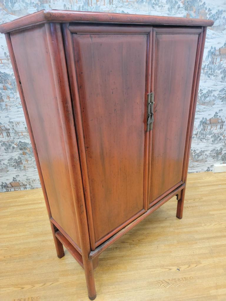 Hand-Crafted Antique Shanxi Province Elmwood Red Lacquer Cabinet For Sale