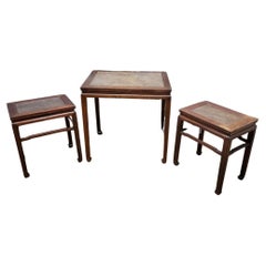 Antique Shanxi Province Elmwood Wicker Rattan End / Side Tables, Set of 3