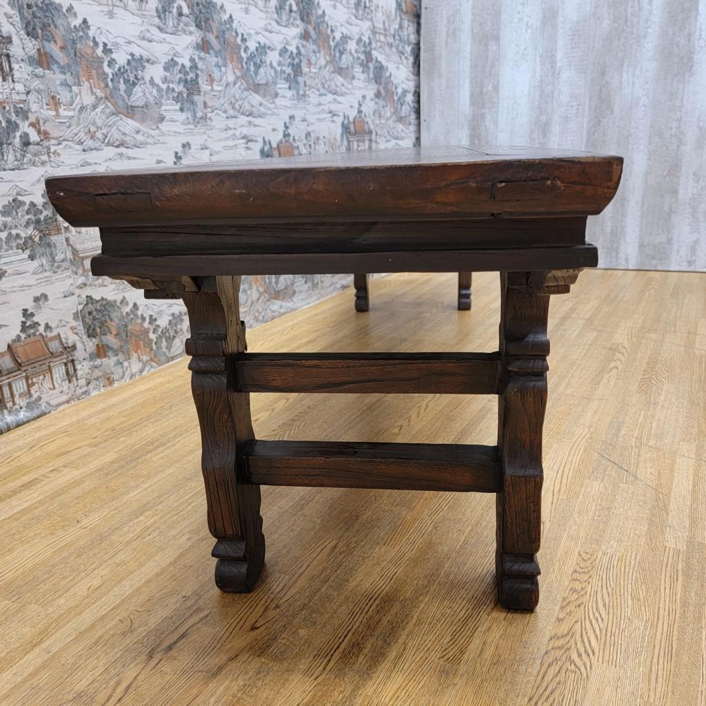 Antique Shanxi Province Hallway Bench Altar console table
 
The table features a rectangular top with scrolling patterns. On straight supports this long bench / altar console table will be a great addition to any living room, foyer or