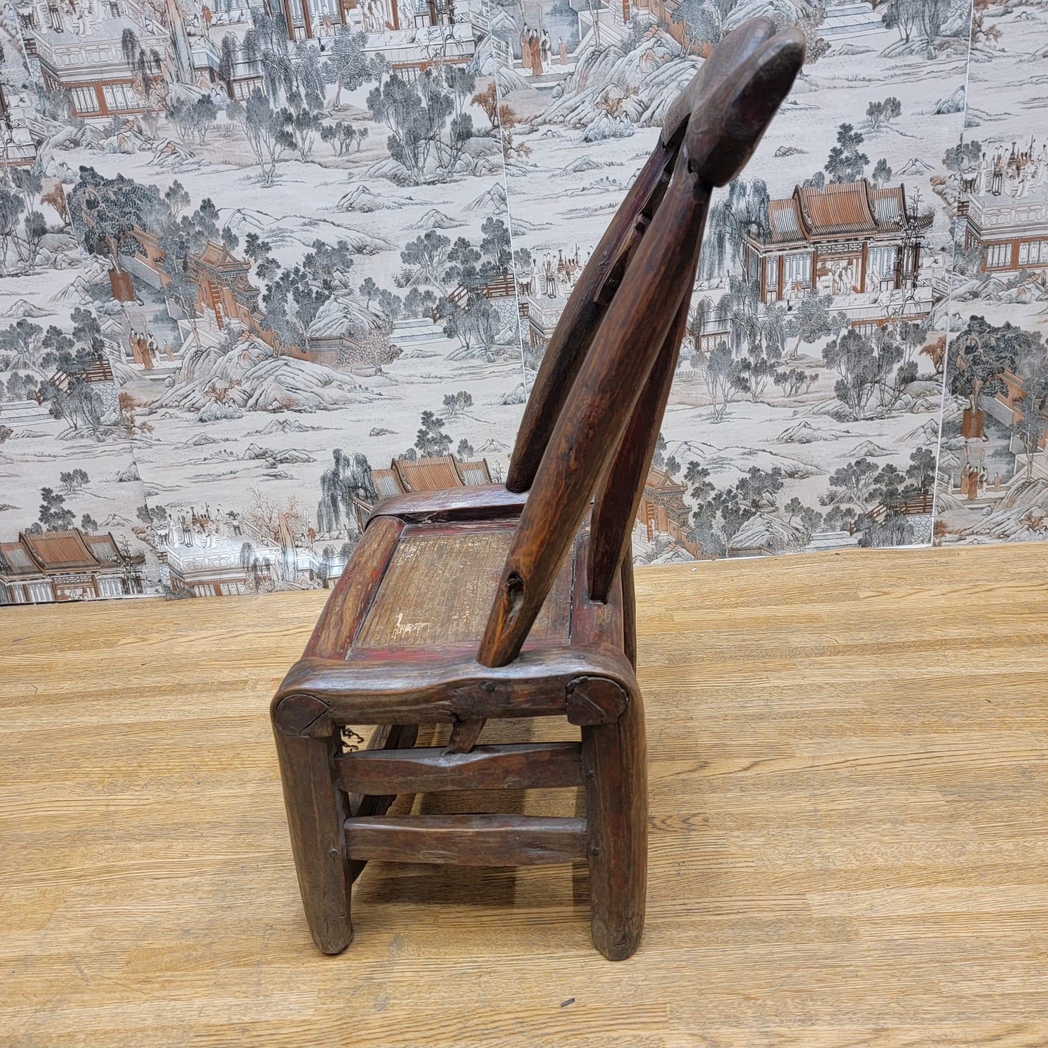 Chinese Export  Antique Shanxi Province Hand Carved Elm Child Chair For Sale