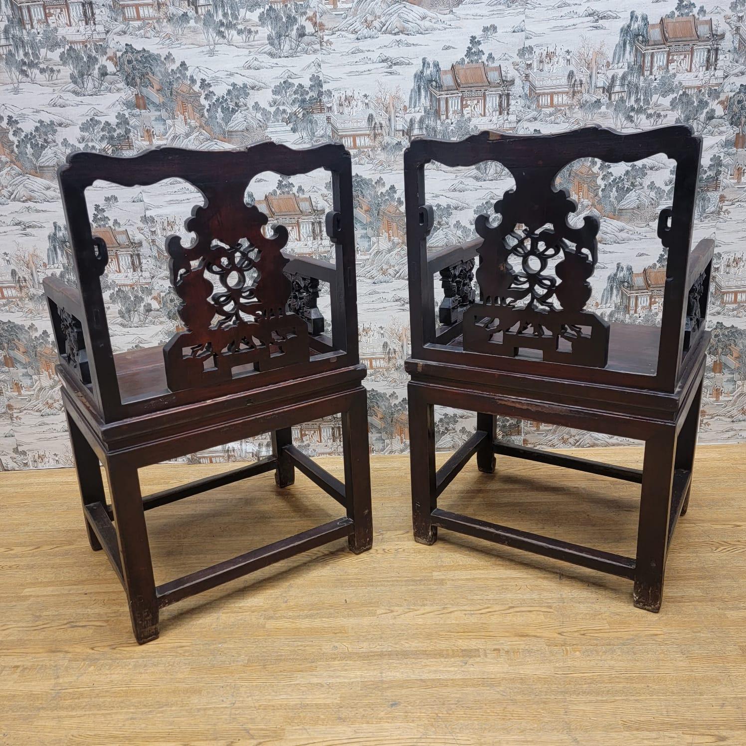 Antique Shanxi Province Hand Carved Elm Top Hat Official Chair, Pair For Sale 6