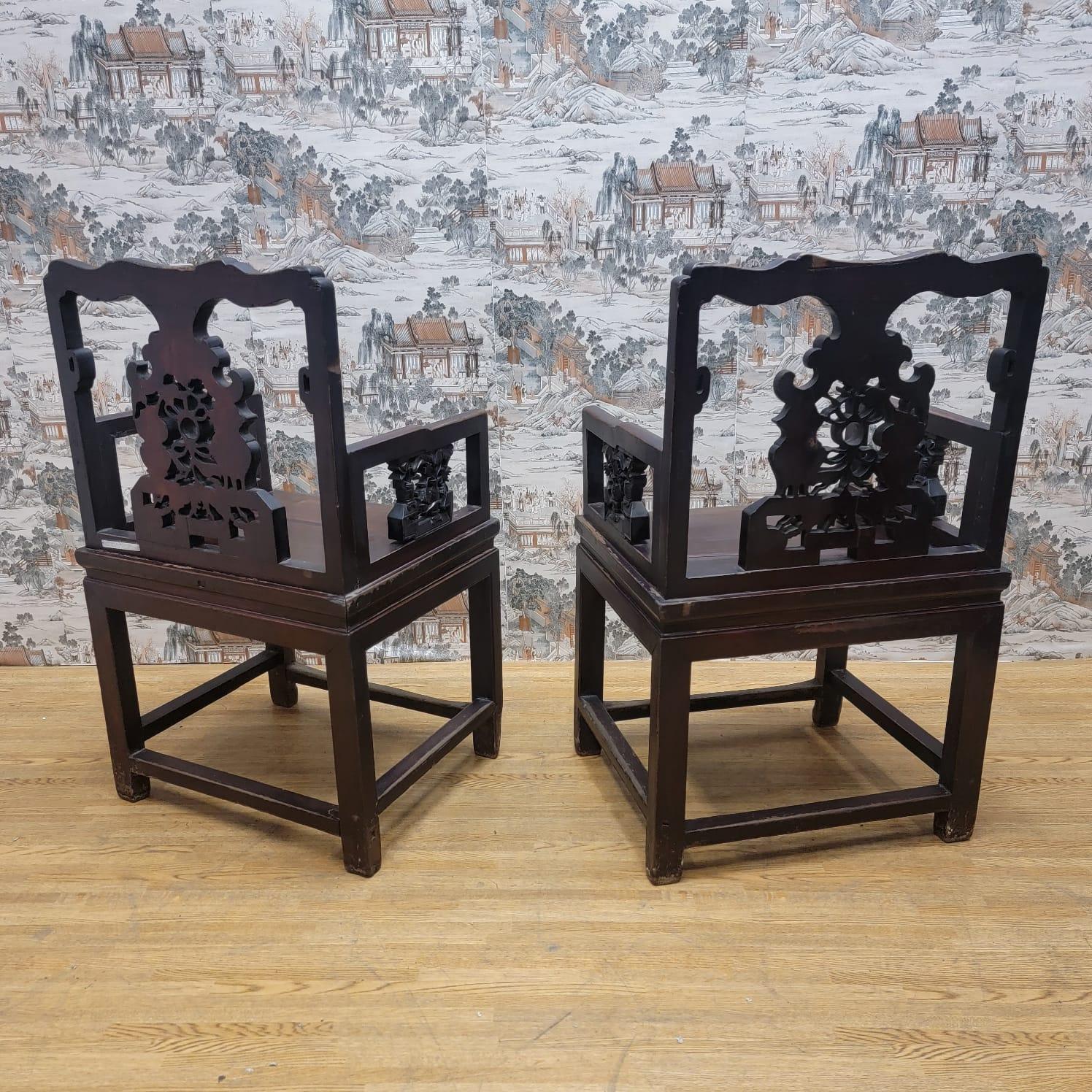 Antique Shanxi Province Hand Carved Elm Top Hat Official Chair, Pair For Sale 9