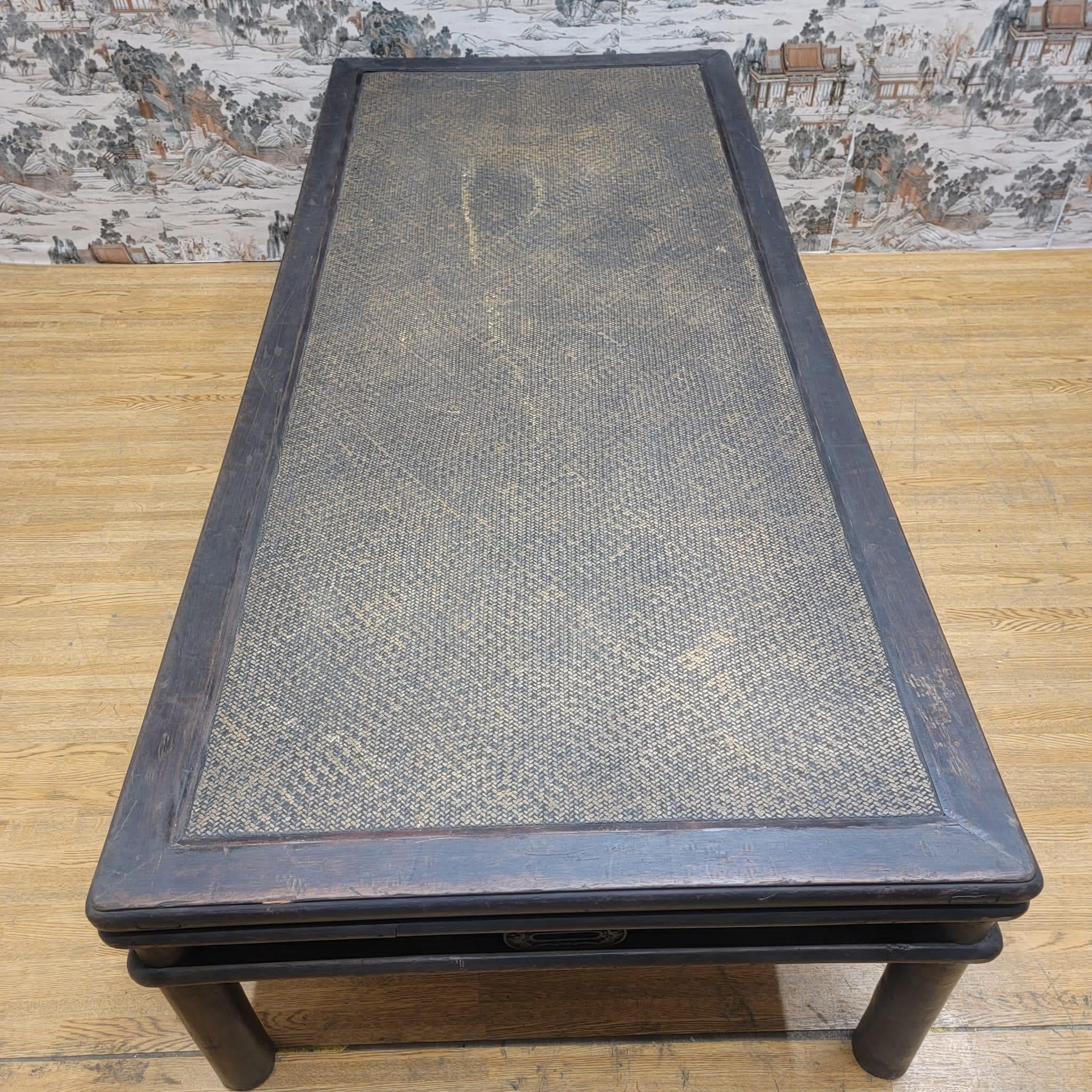 Antique Shanxi Province Hand Woven Rattan Top Elm Coffee Table For Sale 5