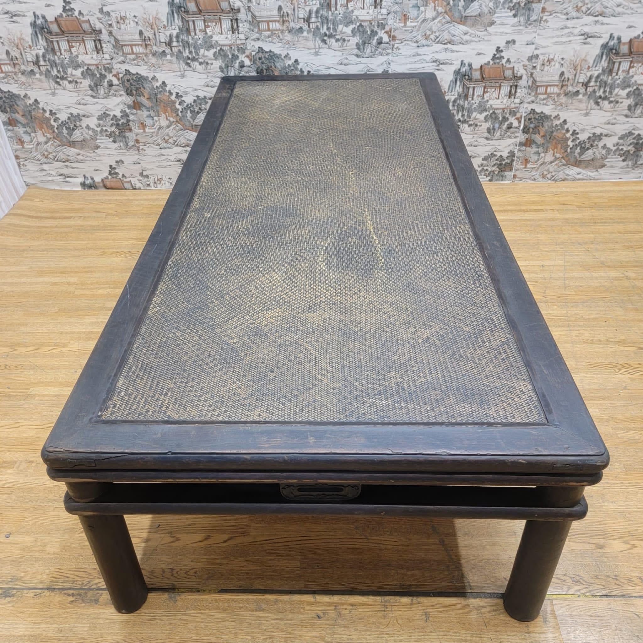 Antique Shanxi Province Hand Woven Rattan Top Elm Coffee Table For Sale 6