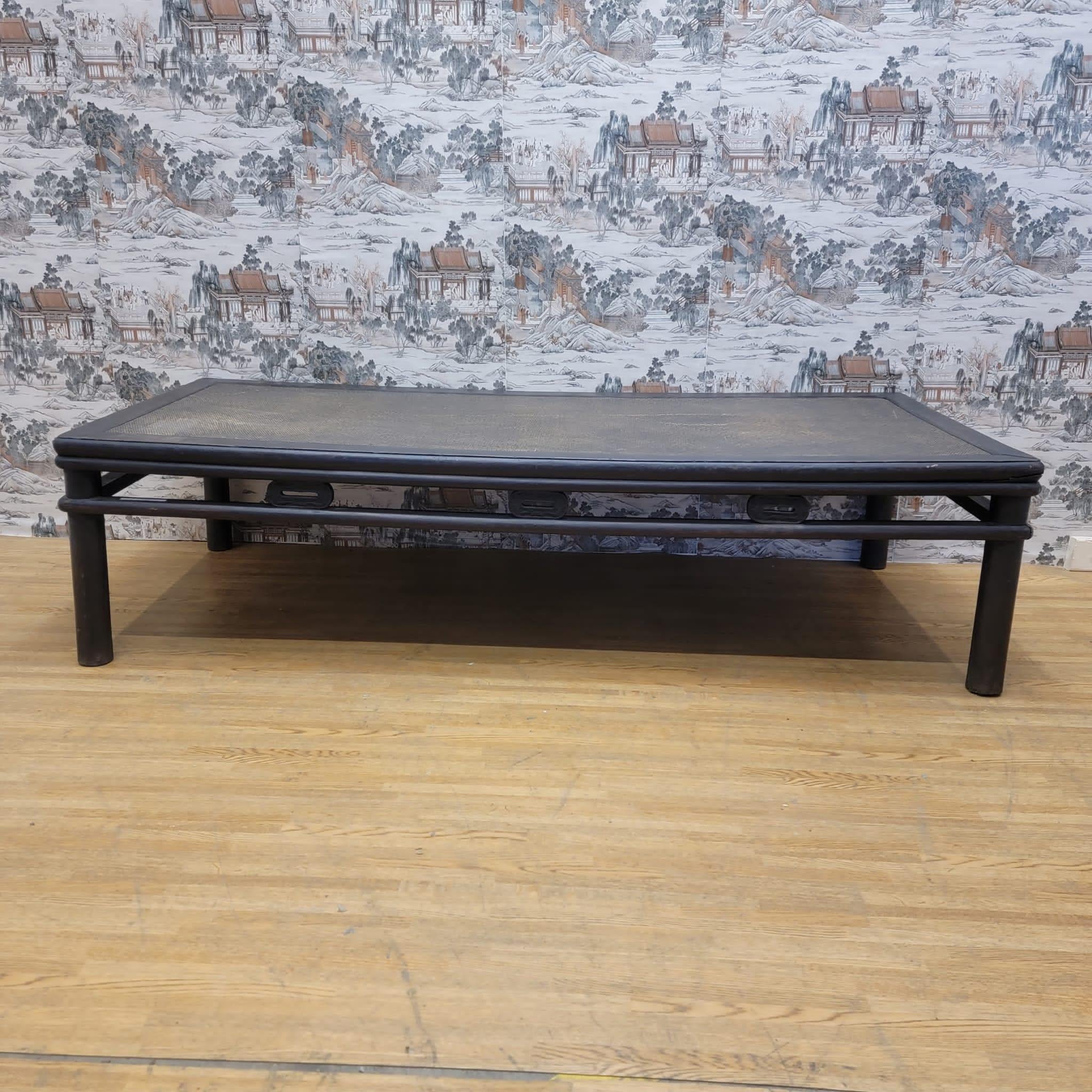 Chinese Export Antique Shanxi Province Hand Woven Rattan Top Elm Coffee Table For Sale