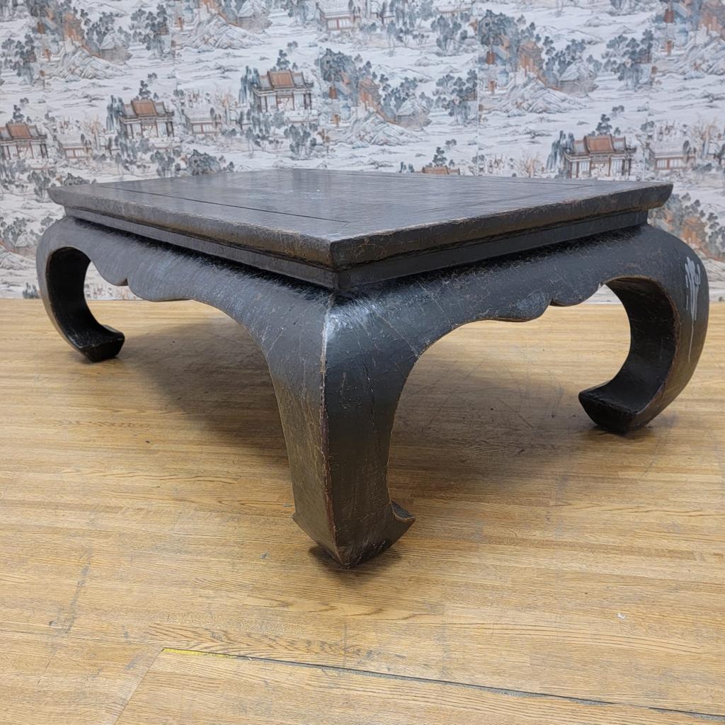 Chinese Export Antique Shanxi Province Kang Style Black Linen Wrapped Elm Coffee Table For Sale