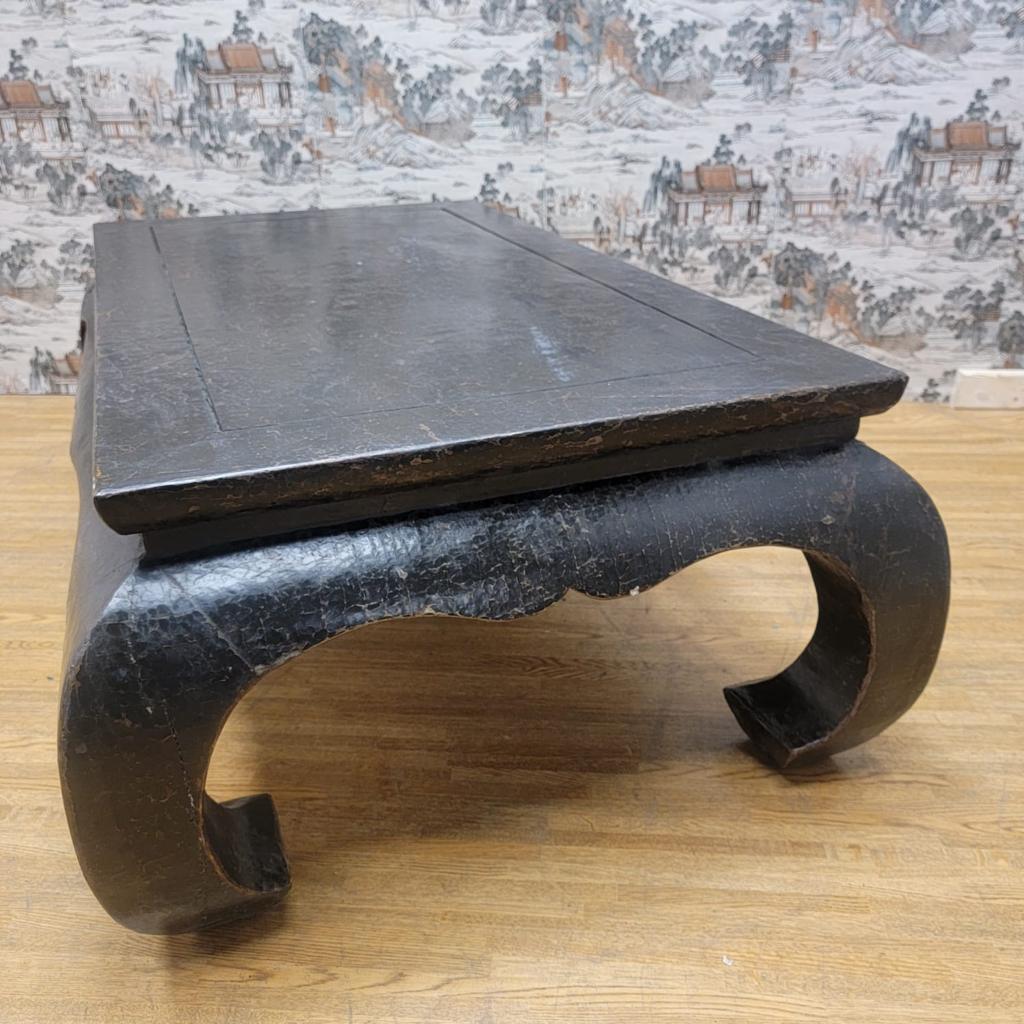Hand-Painted Antique Shanxi Province Kang Style Black Linen Wrapped Elm Coffee Table For Sale